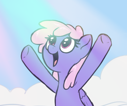 Size: 1910x1600 | Tagged: safe, artist:t72b, derpibooru import, rainbowshine, pegasus, pony, sonic rainboom (episode), armpits, cloud, cute, female, looking up, mare, open mouth, open smile, raised hoof, raised leg, sky, smiling, solo