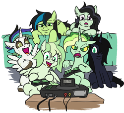 Size: 792x719 | Tagged: safe, artist:jargon scott, derpibooru import, oc, oc only, oc:anonkrieg, oc:anonogee, oc:anonzala, oc:gaia, oc:nyxanon, oc:okie dokey loki, alicorn, hybrid, pegasus, pony, unicorn, zony, black sclera, controller, female, filly, foal, freckles, frown, game console, hair over one eye, half-siblings, half-sisters, hoof hold, magical lesbian spawn, multiple parents, offspring, open mouth, open smile, parent:oc:apogee, parent:oc:dyx, parent:oc:filly anon, parent:oc:luftkrieg, parent:oc:nyx, parent:oc:zala, sharp teeth, siblings, simple background, sisters, slit eyes, smiling, sofa, teeth, television, unusual pupils, white background, wingding eyes, yellow sclera