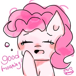 Size: 768x768 | Tagged: safe, artist:oekakikumao, derpibooru import, pinkie pie, earth pony, pony, crying, eyes closed, female, good morning, mare, open mouth, simple background, solo, teary eyes, white background