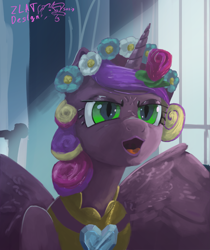 Size: 3635x4320 | Tagged: safe, artist:zlatdesign, derpibooru import, princess cadance, queen chrysalis, alicorn, changeling, changeling queen, canterlot wedding 10th anniversary, bread, crystal heart, disguise, disguised changeling, female, flower, flower in hair, food, glowing, glowing eyes, pog, rose, royal wedding, solo, wings