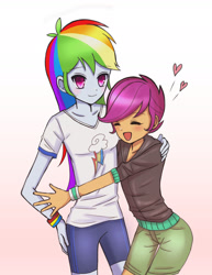 Size: 1280x1661 | Tagged: safe, artist:melonche, derpibooru import, rainbow dash, scootaloo, equestria girls, cute, cutealoo, dashabetes, gradient background, heart, scootalove