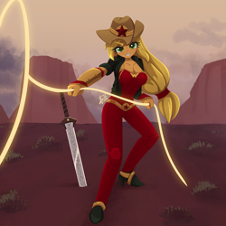 Size: 1280x1280 | Tagged: safe, artist:howxu, derpibooru import, applejack, equestria girls, commission, cowboy hat, gritted teeth, hat, lasso, looking at you, rope, sword, teeth, weapon, wonder woman