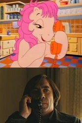 Size: 400x599 | Tagged: safe, derpibooru import, screencap, patch (g1), earth pony, human, g1, my little pony tales, anton chigurh, bedroom eyes, calling, female, kitchen, mare, meme, no country for old men, phone