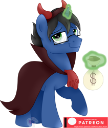 Size: 1280x1519 | Tagged: safe, artist:pure-blue-heart, derpibooru import, oc, oc:digital wrench, unicorn, bag, black mane, clothes, devil costume, glasses, green eyes, green magic, horn, magic, male, money bag, patreon, patreon logo, patreon reward, shading, simple background, stallion, transparent background, unicorn oc