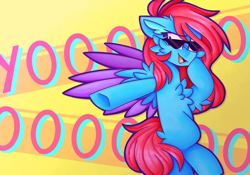 Size: 1031x720 | Tagged: safe, artist:clairedaartiste444, derpibooru import, oc, oc only, pegasus, pony, cheek fluff, chest fluff, ear fluff, ears, female, mare, open mouth, simple background, solo, sunglasses, wings, yellow background