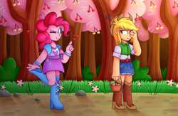 Size: 1280x832 | Tagged: safe, artist:clairedaartiste444, derpibooru import, applejack, pinkie pie, equestria girls, the last roundup, applejack's hat, cherry, cherry tree, chimicherrychanga, clothes, cowboy hat, duo, duo female, female, flower, food, hat, looking at each other, looking at someone, one eye closed, tree