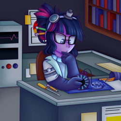 Size: 1280x1280 | Tagged: safe, artist:clairedaartiste444, derpibooru import, sci-twi, twilight sparkle, equestria girls, blueprint, bookshelf, female, glasses, magic capture device, pencil, screwdriver, solo