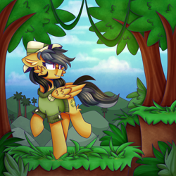 Size: 1280x1280 | Tagged: safe, artist:clairedaartiste444, derpibooru import, daring do, pegasus, pony, cheek fluff, clothes, ear fluff, ears, female, hat, mare, solo, tree, wings