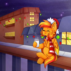 Size: 1280x1280 | Tagged: safe, artist:clairedaartiste444, derpibooru import, oc, oc only, pegasus, pony, cheek fluff, chest fluff, christmas, clothes, coffee, coffee mug, drink, ear fluff, ears, eyes closed, hat, holiday, mug, santa hat, scarf, solo, steam, striped scarf, wings