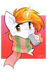 Size: 1338x2030 | Tagged: safe, artist:clairedaartiste444, derpibooru import, oc, oc only, pony, unicorn, bust, clothes, drink, drinking, horn, looking at you, magic, magic aura, male, mug, scarf, simple background, solo, stallion, striped scarf, telekinesis, transparent background