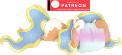 Size: 1280x581 | Tagged: safe, artist:pure-blue-heart, derpibooru import, oc, oc only, oc:moonlit sun, unicorn, blushing, female, hiding, horn, mare, patreon, patreon logo, patreon reward, pillow, shy, simple background, transparent background, unicorn oc, watermark