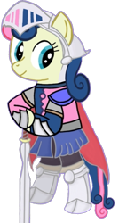 Size: 557x1039 | Tagged: safe, artist:darlycatmake, derpibooru import, bon bon, sweetie drops, earth pony, pony, amused, armor, bipedal, bon bon is amused, cape, clothes, happy, hat, helmet, knight, looking at someone, looking at something, looking back, royal guard, simple background, smiling, solo, sword, transparent background, weapon