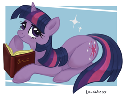 Size: 1120x870 | Tagged: safe, artist:lanshtoss, derpibooru import, twilight sparkle, unicorn twilight, pony, unicorn, aside glance, book, female, looking at you, lying down, mare, prone, raised hoof, raised leg, smiling, solo, three quarter view