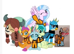 Size: 1080x791 | Tagged: safe, artist:ashertristaxx12, artist:jhayarr23, derpibooru import, edit, gallus, ocellus, sandbar, silverstream, smolder, yona, oc, oc:bright eyes, changeling, dragon, earth pony, griffon, hippogriff, unicorn, yak, 1000 hours in ms paint, group, group photo, group picture, happy, looking at someone, looking at you, looking up, one eye closed, simple background, smiling, smiling at you, student six, white background, wink