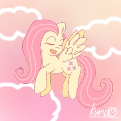 Size: 2048x2048 | Tagged: safe, artist:oekakikumao, derpibooru import, fluttershy, pegasus, pony, cloud, eyes closed, female, gradient background, mare, open mouth, pink background, simple background, solo, wings, yellow background