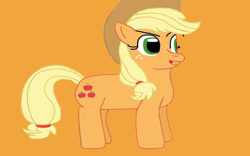 Size: 1024x640 | Tagged: safe, artist:mariosonicfan16, derpibooru import, applejack, earth pony, pony, looking at someone, looking at something, open mouth, orange background, simple background, smiling, smirk, solo