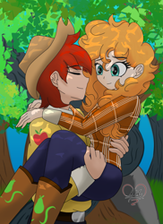 Size: 1549x2122 | Tagged: safe, artist:dibujoschidosdelabad, derpibooru import, bright mac, pear butter, human, boots, bridal carry, brightabetes, brightbutter, carrying, clothes, cute, eyes closed, female, hat, heart eyes, humanized, male, pearabetes, plaid shirt, shipping, shirt, shoes, straight, tree, wingding eyes