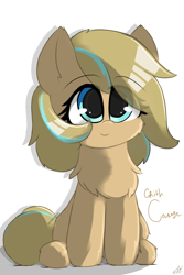Size: 1500x2250 | Tagged: safe, artist:grithcourage, derpibooru import, oc, oc only, oc:grith courage, earth pony, pony, adorable face, chest fluff, cute, female, happy, looking up, signature, simple background, smiling, solo, white background