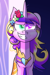 Size: 3660x5400 | Tagged: safe, artist:iceflower99, derpibooru import, princess cadance, queen chrysalis, canterlot wedding 10th anniversary, a canterlot wedding, clothes, dress, duo, duo female, ears, evil grin, fake cadance, female, floppy ears, flower, flower in hair, grin, messy mane, smiling, this day aria, two sides, video at source, video in description, wedding dress