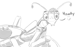 Size: 3222x1983 | Tagged: safe, artist:applephil, derpibooru import, applejack, insect, mantis, female, freckles, grayscale, howdy, insectified, monochrome, simple background, solo, species swap, white background
