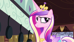 Size: 1280x720 | Tagged: safe, derpibooru import, screencap, princess cadance, queen chrysalis, alicorn, pony, a canterlot wedding, :t, cropped, crown, fake cadance, female, folded wings, jewelry, mare, regalia, solo, tiara, wings