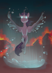 Size: 800x1116 | Tagged: safe, artist:yarugreat, derpibooru import, twilight sparkle, twilight sparkle (alicorn), alicorn, original species, pony, water pony, burning, city, fire, floating, reincarnation, solo, species swap, spread wings, water, water wings, wings