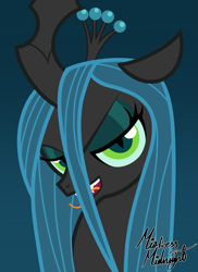 Size: 1487x2048 | Tagged: safe, artist:mistress midnight, derpibooru import, queen chrysalis, changeling, changeling queen, canterlot wedding 10th anniversary, antagonist, bust, evil grin, female, forked tongue, gradient background, grin, lidded eyes, looking at you, sharp teeth, show accurate, signature, slit eyes, smiling, solo, teeth