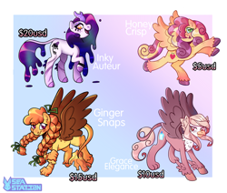 Size: 2000x1695 | Tagged: safe, artist:seasemissary, derpibooru import, oc, oc only, oc:ginger snaps, oc:grace elegance, oc:honey crisp, oc:inky auteur, hippogriff, hybrid, pegasus, pony, braid, colored pupils, female, hair over one eye, interspecies offspring, kirin hybrid, magical lesbian spawn, mare, offspring, parent:autumn blaze, parent:big macintosh, parent:gilda, parent:greta, parent:princess cadance, parent:princess celestia, parent:sugar belle, parents:autumnlestia, parents:cadmac, parents:gildance, parents:gretabelle, ribbon, unshorn fetlocks