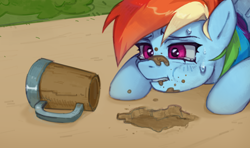 Size: 3800x2248 | Tagged: safe, artist:oops pio, derpibooru import, rainbow dash, pegasus, pony, the super speedy cider squeezy 6000, crying, cup, dirt, earth, eating, eating dirt, female, mare, mud, sad, scene interpretation, screenshot redraw, simple background, solo, sweat, sweatdrops, teary eyes, wings