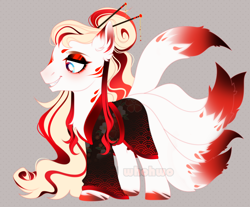 Size: 3450x2852 | Tagged: safe, artist:whohwo, derpibooru import, original species, pony, base used, clothes, eyelashes, gray background, grin, hairpin, hoof polish, kimono (clothing), kitsune, kitsune pony, makeup, male, simple background, smiling, solo, stallion