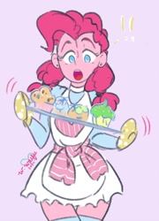 Size: 640x888 | Tagged: safe, artist:grayflower, derpibooru import, pinkie pie, equestria girls, apron, clothes, cupcake, exclamation point, food, open mouth, oven mitts, skirt, socks, solo, surprised, thigh highs