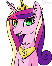 Size: 1226x1532 | Tagged: safe, artist:tsudashie, derpibooru import, princess cadance, queen chrysalis, alicorn, changeling, changeling queen, canterlot wedding 10th anniversary, fake cadance, fangs, female, jewelry, looking at you, simple background, tongue, tongue out