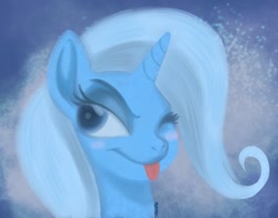 Size: 1626x1276 | Tagged: safe, artist:venusdietrap, derpibooru import, trixie, pony, unicorn, ;p, bust, female, mare, one eye closed, portrait, solo, tongue, tongue out