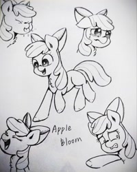 Size: 3072x3842 | Tagged: safe, artist:twiliset, derpibooru import, apple bloom, earth pony, pony, black and white, cute, grayscale, happy, laughing, monochrome, pencil drawing, sad, scared, simple background, smiling, tongue, tongue out, traditional art