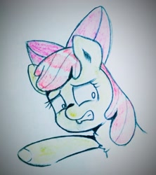 Size: 1625x1827 | Tagged: safe, artist:twiliset, derpibooru import, apple bloom, earth pony, pony, simple ways, cute, looking back, pencil drawing, scared, simple background, teeth, traditional art