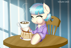 Size: 2932x1984 | Tagged: safe, artist:vinilyart, derpibooru import, coco pommel, earth pony, pony, blueberry, chair, chocolate, clothes, cocobetes, cute, eating, eyes closed, female, food, hot chocolate, maple syrup, mare, marshmallow, pancakes, sitting, solo, table, whipped cream