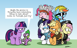 Size: 2953x1866 | Tagged: safe, artist:bobthedalek, derpibooru import, applejack, fluttershy, pinkie pie, rainbow dash, rarity, spike, twilight sparkle, unicorn twilight, earth pony, pegasus, pony, unicorn, friendship is magic, applejack's hat, boots, clothes, cowboy hat, cuffs, hard hat, hat, headdress, letter, mane seven, mane six, raricop, shoes, song in the comments, sunglasses, village people, ymca