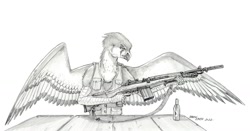 Size: 1700x891 | Tagged: safe, artist:baron engel, derpibooru import, oc, oc only, griffon, beretta bm-59, griffon oc, gun, male, monochrome, pencil drawing, rifle, simple background, solo, spread wings, story included, table, traditional art, weapon, white background, wings