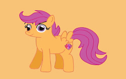 Size: 1024x640 | Tagged: safe, artist:mariosonicfan16, derpibooru import, scootaloo, pegasus, pony, female, filly, foal, full body, happy, hooves, looking at you, orange background, simple background, smiling, smiling at you, solo, spread wings, standing, tail, wings