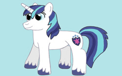 Size: 1024x640 | Tagged: safe, artist:mariosonicfan16, derpibooru import, shining armor, pony, unicorn, blue background, full body, hooves, horn, male, simple background, smiling, solo, stallion, standing, tail, unshorn fetlocks