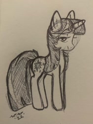 Size: 640x848 | Tagged: safe, artist:grayflower, derpibooru import, twilight sparkle, pony, unicorn, lidded eyes, looking at you, sketch, smiling, solo, traditional art