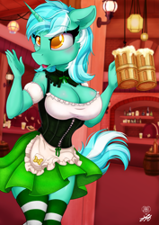 Size: 2123x3000 | Tagged: safe, artist:stainedglasslighthea, derpibooru import, lyra heartstrings, anthro, plantigrade anthro, unicorn, alcohol, bar maid, barrel, beer, big breasts, blowing a kiss, blushing, bottle, breasts, choker, cleavage, clothes, coat markings, corset, ear fluff, ears, glass, holiday, horn, lamp, looking to side, lyrack, nipple outline, one eye closed, saint patrick's day, signature, skirt, socks, solo, stockings, tail, thigh highs, ych example, your character here