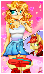 Size: 1800x2996 | Tagged: safe, artist:stainedglasslighthea, derpibooru import, bright mac, pear butter, anthro, earth pony, blushing, breasts, brightbutter, busty pear butter, cleavage, clothes, duo, female, flower, flower in hair, heart, holiday, male, one eye closed, shipping, skirt, smiling, straight, valentine's day, wink