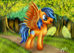 Size: 1524x1076 | Tagged: safe, artist:stainedglasslighthea, derpibooru import, oc, oc only, pegasus, pony, forest, grass, male, pegasus oc, solo, spread wings, wings