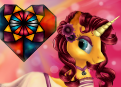 Size: 2808x2024 | Tagged: safe, artist:stainedglasslighthea, derpibooru import, oc, oc only, oc:stained glass light heart, pony, unicorn, female, flower, flower in hair, horn, smiling, solo, unicorn oc