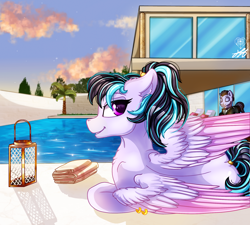 Size: 2000x1800 | Tagged: safe, artist:stainedglasslighthea, derpibooru import, oc, oc only, pegasus, pony, butler, female, lantern, male, palm tree, pegasus oc, piercing, solo, solo focus, swimming pool, tree, wing piercing, wings