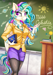 Size: 1413x1999 | Tagged: safe, artist:stainedglasslighthea, derpibooru import, princess celestia, alicorn, anthro, blazer, book, breasts, chalkboard, cleavage, clothes, female, mare, skirt, smiling, solo, stockings, teacher, thigh highs, ych example, your character here