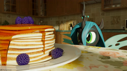 Size: 3840x2160 | Tagged: safe, artist:me0wanon, derpibooru import, queen chrysalis, changeling, changeling queen, canterlot wedding 10th anniversary, berry, female, food, honey, kitchen, pancakes, plate, solo, wings