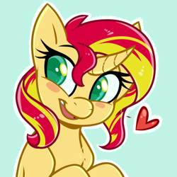 Size: 512x512 | Tagged: safe, artist:esmeia, derpibooru import, edit, sunset shimmer, pony, unicorn, blue background, blush sticker, blushing, bust, curved horn, cute, emoji, emoticon, female, heart, horn, looking away, mare, open mouth, request, requested art, shimmerbetes, simple background, smiling, solo