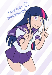 Size: 230x330 | Tagged: safe, artist:kibate, derpibooru import, edit, twilight sparkle, human, abstract background, anime, clothes, cropped, female, heart, humanized, japanese, sailor uniform, schoolgirl, skirt, smiling, uniform, victory sign